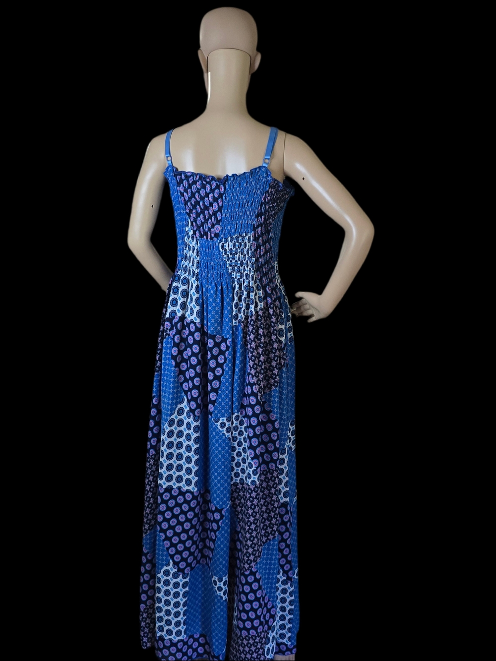 Blue Patterned Smocked Maxi Dress with Spaghetti Straps - Picture 2 of 8